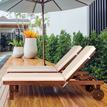 Seabrook Outdoor Acacia Wood Lounger with Cushion, 5-Position Back, Slide Table & Wheels - JONATHAN Y